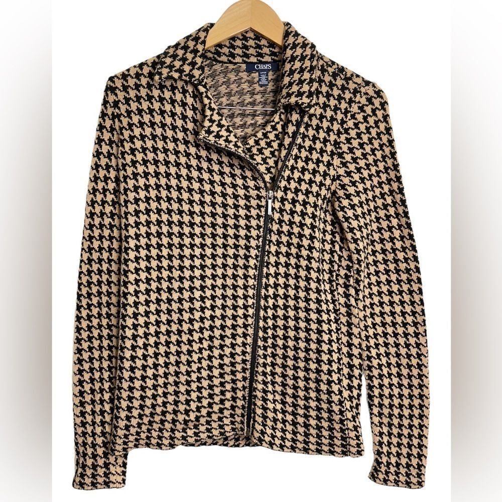 Chaps Sweater Womens Houndstooth Zip Up Black/Tan Jacket Size Small
